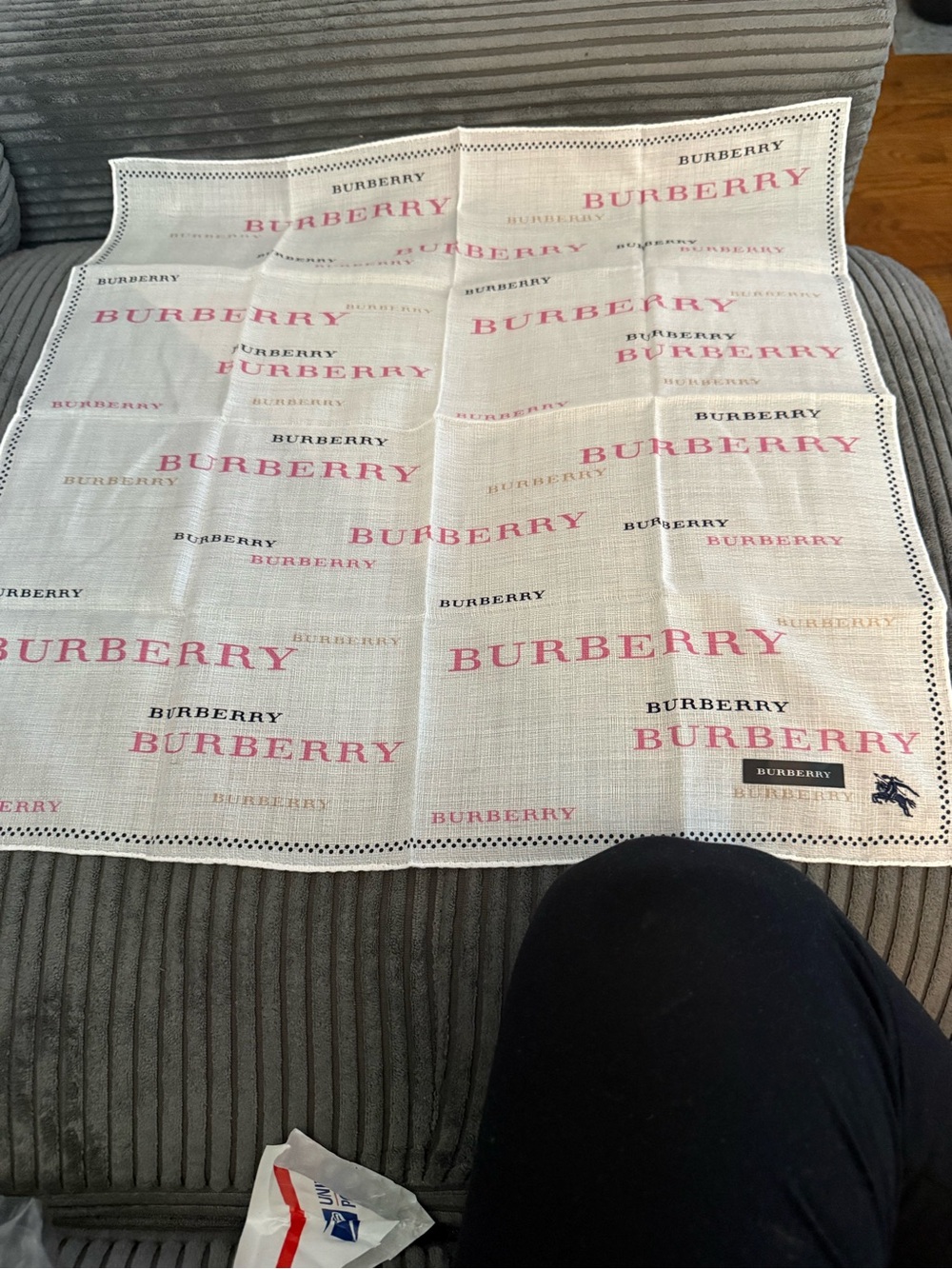 Burberry Logo Print handkerchief- White with Pink and Black Logos 18x18
